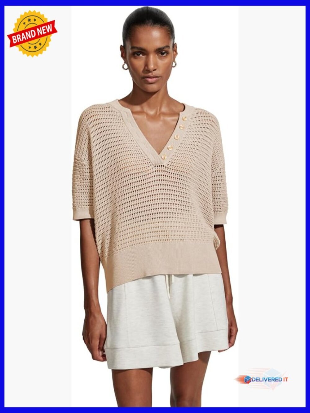 Lightweight Cotton Mesh Knit V-Neck Boxy Top with Dropped Shoulders